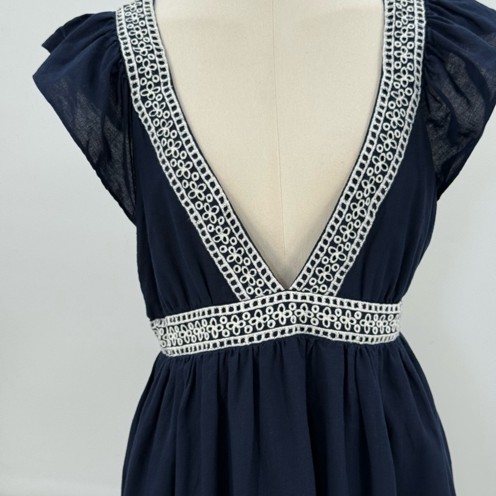 J.Crew Navy Maxi Dress Lace Trim Deep V-Neck Crisscross Back Flutter Sleeves - Picture 16 of 16